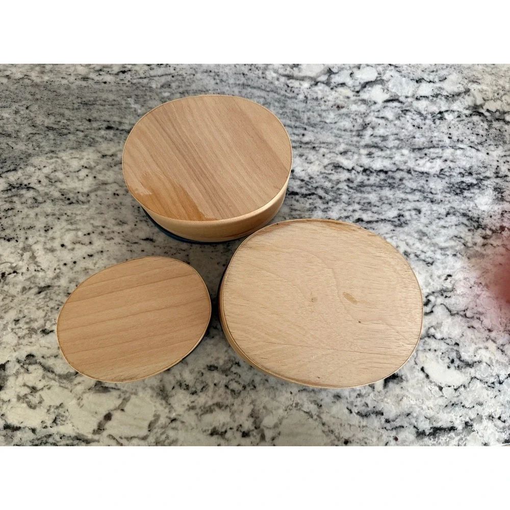 VTG 3 Wooden Oval Shaker Style Nesting‎ Boxes Trinkets Geese W/Blue Ribbons